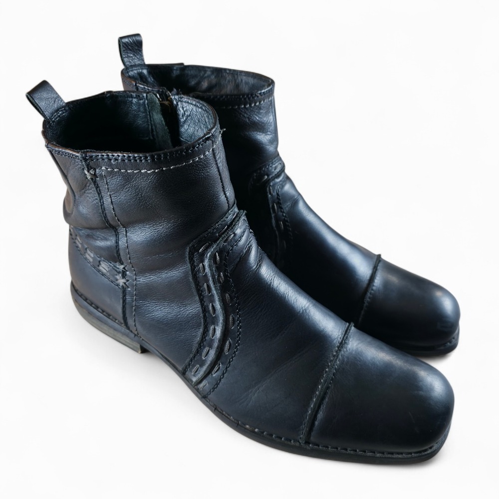 Bed Stu Side Zip Ankle Interlock Boots Mens Size 11 Black Leather Toe‎ Cap Moto
